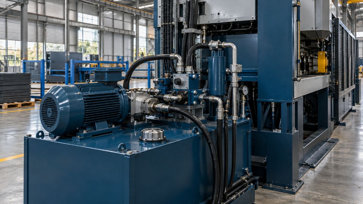 Unidade de força hidráulica em uma linha industrial